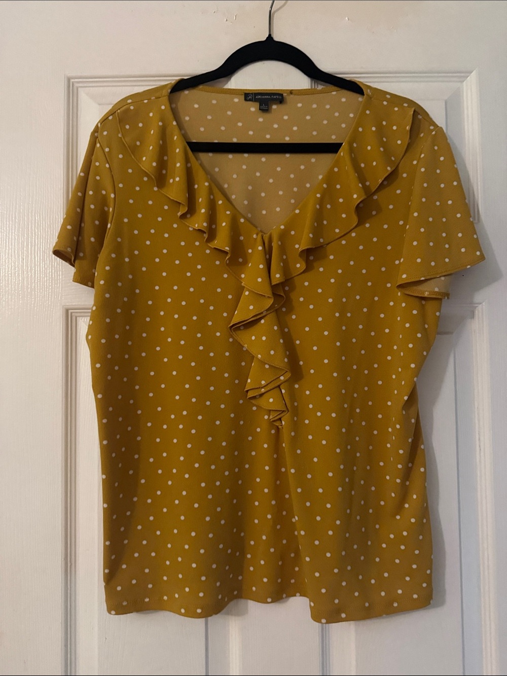 Adrianna Papell Mustard Polka Dot Ruffle V-Neck Blouse